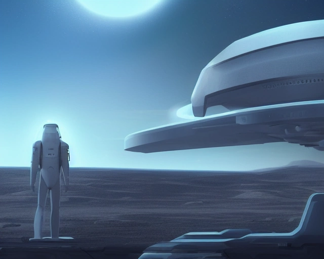 14141-4249926557-A futuristic figure viewing a landing spaceship on a barren landscape, artstation trending, realistic, sci-fi.webp